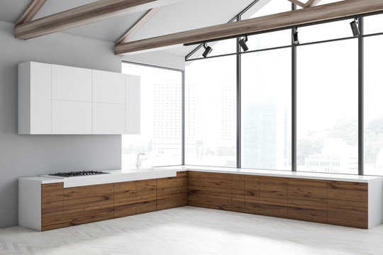 Gray and white panoramic kitchen corner