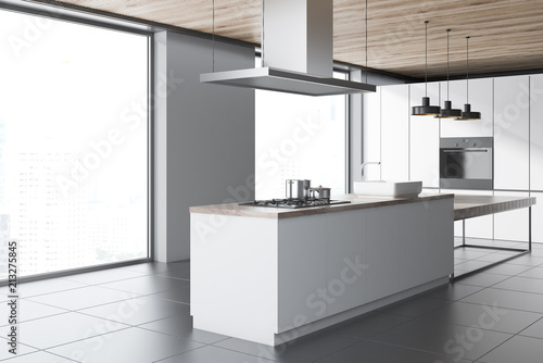 White Loft Kitchen Corner Wooden Ceiling Stockfotos Und