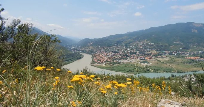 One the most famous place in Georgia - top view from Jvari monastery to Aragvi and Mtikvari riger and ancient capital Mtskheta