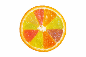 Multi-colored slice of orange isolated on white background