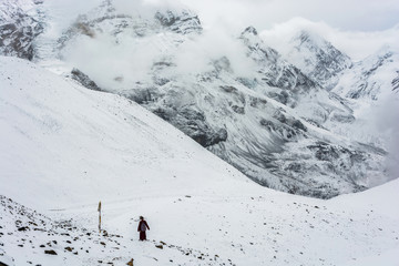 Fototapeta na wymiar A lone monk on The Thorong La pass, Nepal.