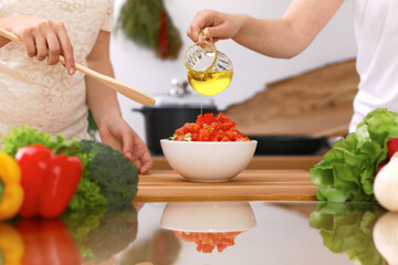 Closeup of human hands cooking in kitchen. Mother and daughter or two female friends cutting vegetables for fresh salad. Healthy meal, vegetarian food and lifestyle concepts