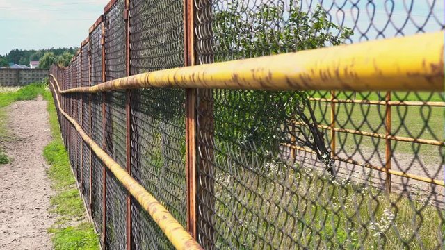 Mesh fencing. Iron fence on a horse farm. The grid of the corral