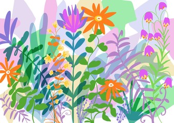 Flat flower garden design with collage style background, decorative cutout paper style images with fun colors, pastels illustration for spring and summer feminine surface pattern.