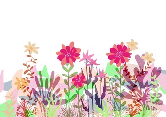 Flat flower garden design with collage style background, decorative cutout paper style images with fun colors, pastels illustration for spring and summer feminine surface pattern.