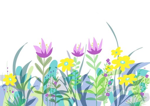 Flat flower garden design with collage style background, decorative cutout paper style images with fun colors, pastels illustration for spring and summer feminine surface pattern.