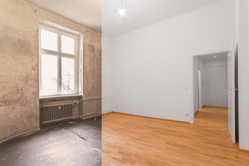 renovation before and after  - empty apartment room 