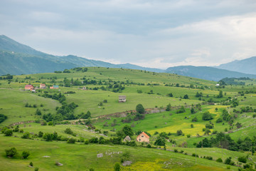 A small village is located among the hills.