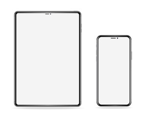 realistic set of electronic devices, tablet and phone with empty screen on white background