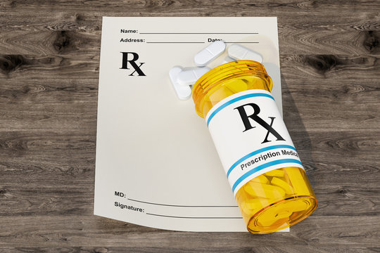 Blank RX Prescription Form With Medical Bottle Drugs On The Wooden Table, 3D Rendering