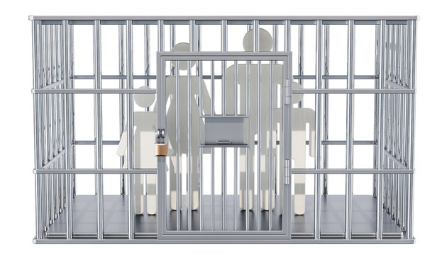 Steel cage, prison cell with family. 3D rendering