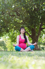 Naklejka na ściany i meble Pregnant woman doing yoga outside