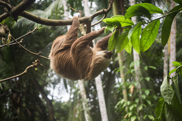 Fluffy brown two-toed sloth with a white and brown face hangs on a branch in a tree in Costa Rica