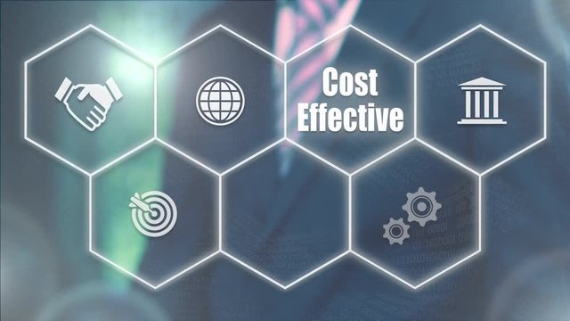 A businessman's hand selecting a  Cost Effective concept button on a futuristic computer screen.