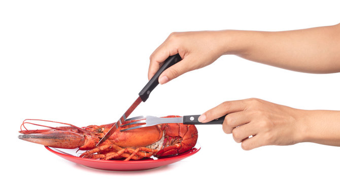 Hand Holding Fork With Knife Eating Lobster Seafood On Dish Isolated On White Background