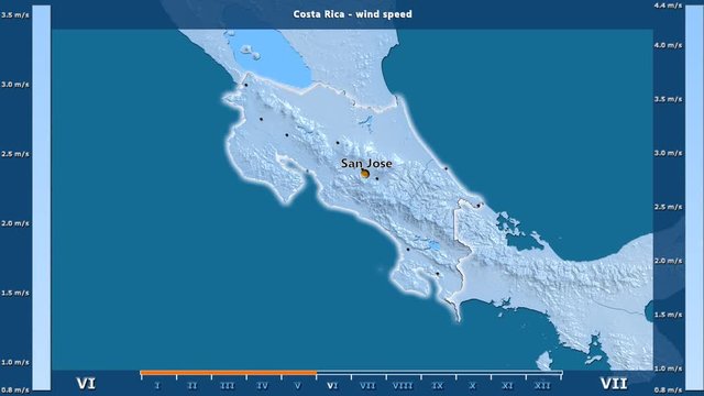 Wind speed by month in the Costa Rica area with animated legend - English labels: country and capital names, map description. Stereographic projection