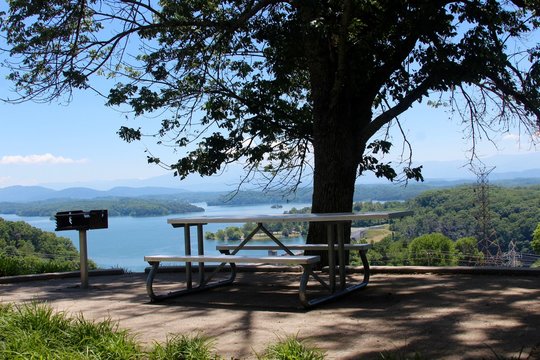 The picnic table with a beautiful view of the lake.