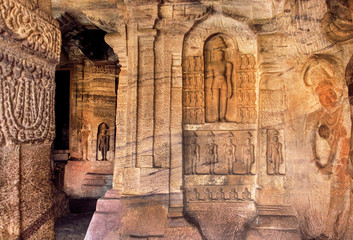 Ancient carvings and sculptures of India. Inside the 7th century cave temple in Karnataka, India