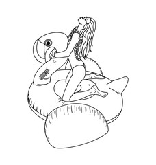 Illustration of funny summer time with girl who`s swimming on pink flamingo. Cute, modern, vector illustration Tropical bird. Sketch for your design, coloring, books, card isolated on background.