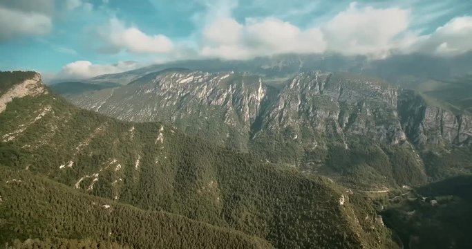 Aerial, Flight Along The Mountains Around Mirador Gresolet In Cadi-Moixero National Park, Pyrenees, Spain - graded Version