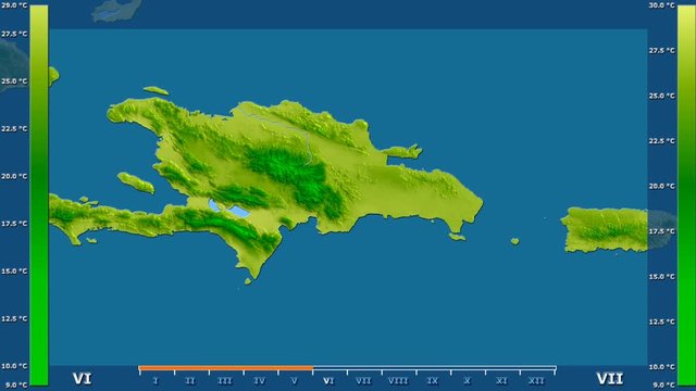 Average temperature by month in the Dominican Republic area with animated legend - raw color shader. Stereographic projection