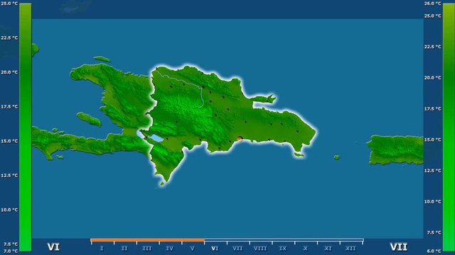 Minimum temperature by month in the Dominican Republic area with animated legend - glowing shape, administrative borders, main cities, capital. Stereographic projection
