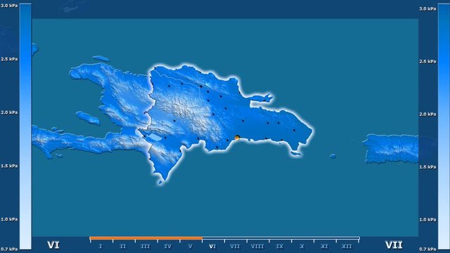 Water vapor pressure by month in the Dominican Republic area with animated legend - glowing shape, administrative borders, main cities, capital. Stereographic projection