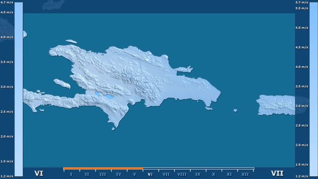 Wind speed by month in the Dominican Republic area with animated legend - raw color shader. Stereographic projection