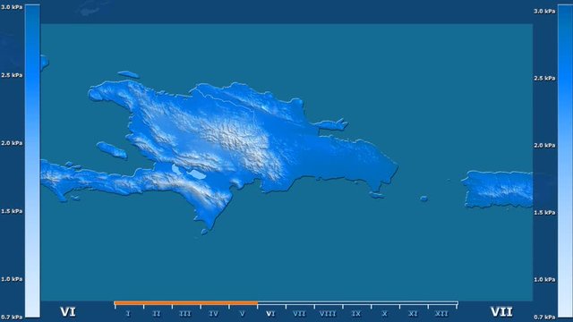 Water vapor pressure by month in the Dominican Republic area with animated legend - raw color shader. Stereographic projection