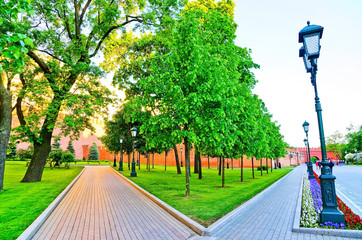 View of the Kremlin from Alexander Garden in Moscow in summer.