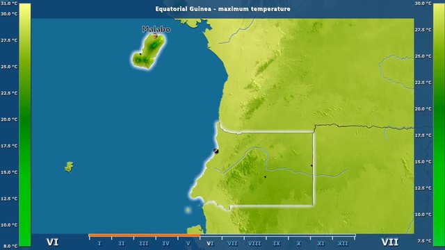 Maximum temperature by month in the Equatorial Guinea area with animated legend - English labels: country and capital names, map description. Stereographic projection