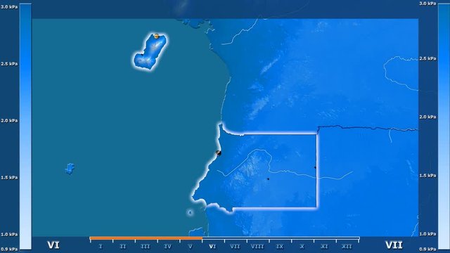 Water vapor pressure by month in the Equatorial Guinea area with animated legend - glowing shape, administrative borders, main cities, capital. Stereographic projection