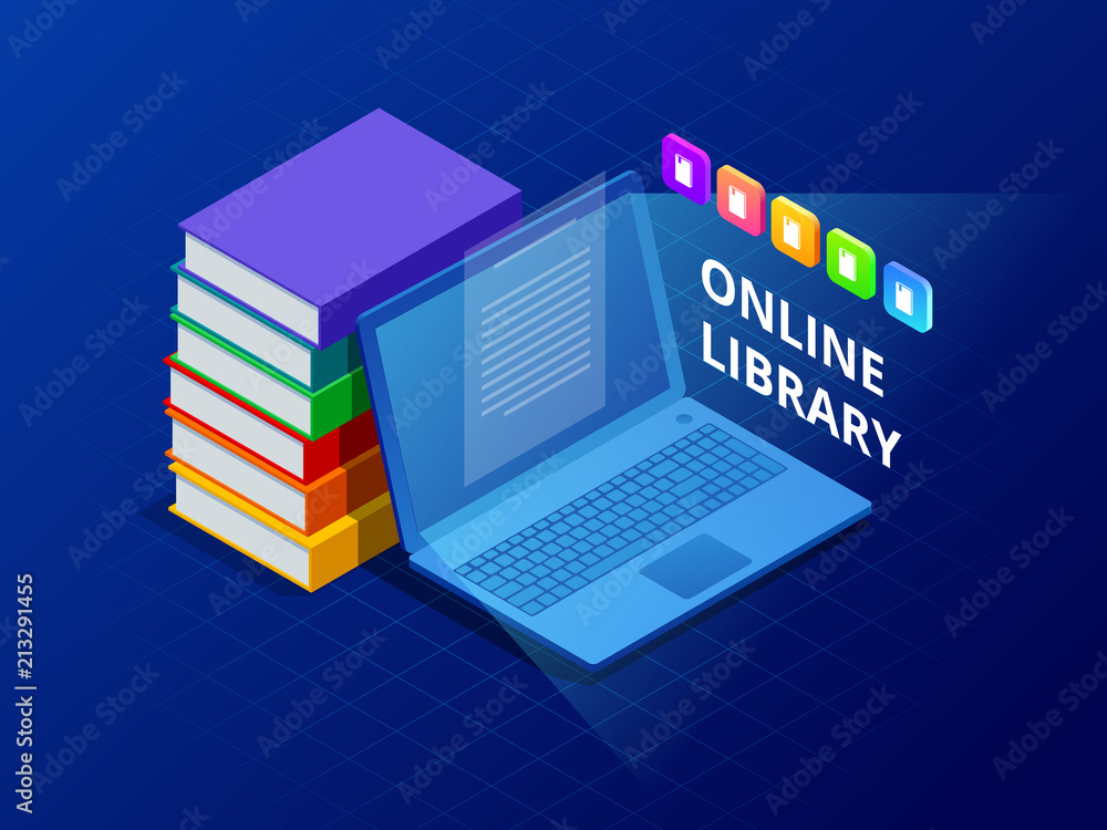 Poster online learn or e-book library . laptop computer with library books. innovative education and techno