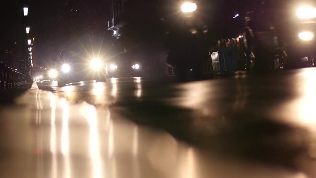 Night traffic in Thessaloniki Greece - running car lights
