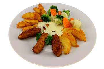 Geflügel Cevapcici mit Wedges Kartoffeln dazu Kaisergemüse und Tzatziki