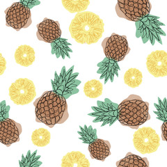 Pineapple seamless pattern on a white background. Design for textiles, banners, posters. Vector illustration. Outline icon. Continuing line drawing.