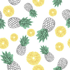 Pineapple seamless pattern on a white background. Design for textiles, banners, posters. Vector illustration. Outline icon. Continuing line drawing.