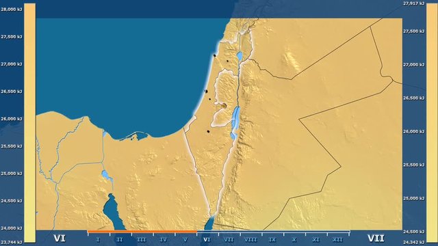 Solar radiation by month in the Israel area with animated legend - glowing shape, administrative borders, main cities, capital. Stereographic projection