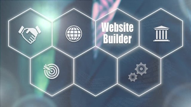 A businessman's hand selecting a Website Builder concept button on a futuristic computer screen.