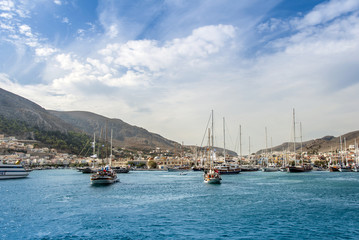 Fototapeta na wymiar Kalymnos Island, Greece; 22 October 2010: Bodrum Cup Races, Gulet Wooden Sailboats