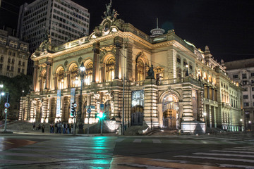 Sao Paulo, Brazil - April 20, 2017: Municipal theater of Sao Paulo at night. Built in 1903 and...