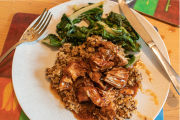 Pulled Pork on a Bed of Quinoa with Stir Fried Swiss Chard