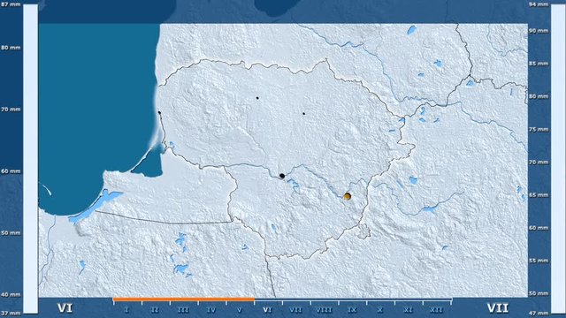 Precipitation by month in the Lithuania area with animated legend - glowing shape, administrative borders, main cities, capital. Stereographic projection