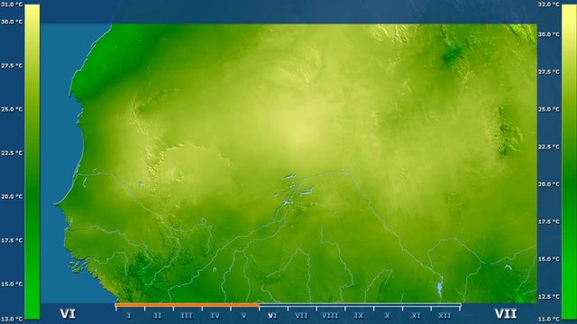 Minimum temperature by month in the Mali area with animated legend - raw color shader. Stereographic projection