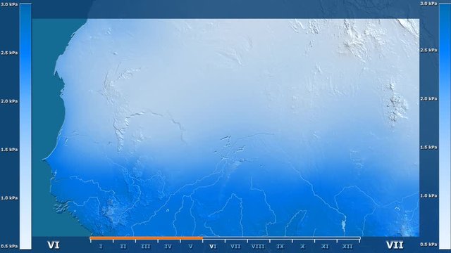 Water vapor pressure by month in the Mali area with animated legend - raw color shader. Stereographic projection