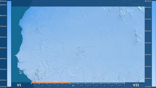 Wind speed by month in the Mali area with animated legend - raw color shader. Stereographic projection