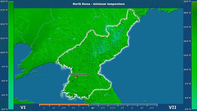 Minimum temperature by month in the North Korea area with animated legend - English labels: country and capital names, map description. Stereographic projection