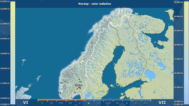 Solar radiation by month in the Norway area with animated legend - English labels: country and capital names, map description. Stereographic projection