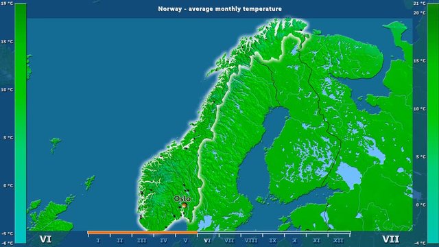 Average temperature by month in the Norway area with animated legend - English labels: country and capital names, map description. Stereographic projection