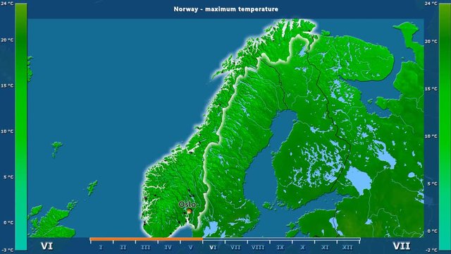 Maximum temperature by month in the Norway area with animated legend - English labels: country and capital names, map description. Stereographic projection
